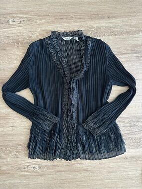 VTG Y2K | RAVEL | POLKA DOT SHEER FRINGE RUFFLE BTN DOWN BELL SLEEVE TOP | SZ M